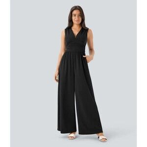 Halara V Neck Sleeveless Ruched Jumpsuit Size S black wide-leg Easy Peezy